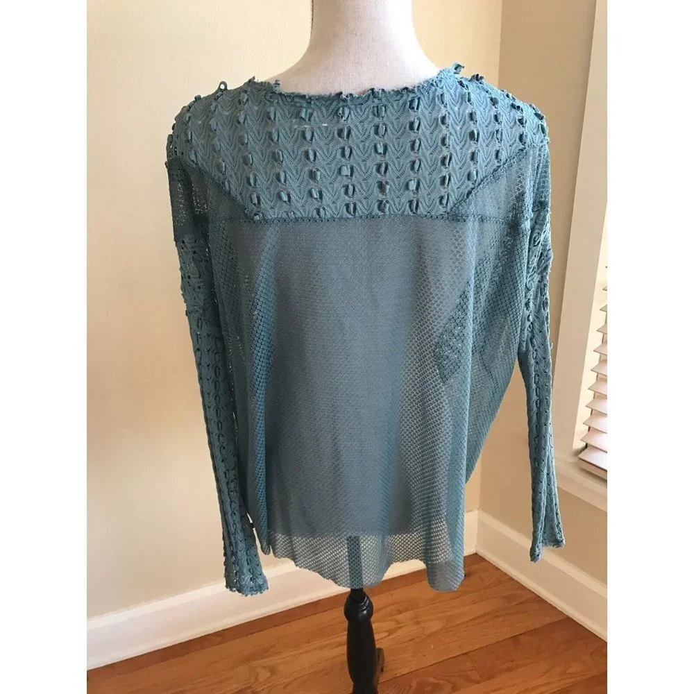 FREE PEOPLE Sage Green Boho  Lace Mesh Long Sleeve